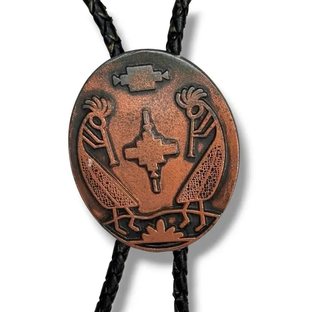 Vintage Copper Kokopelli Bolo Tie Southwestern Flute Player Black Cord Tips
